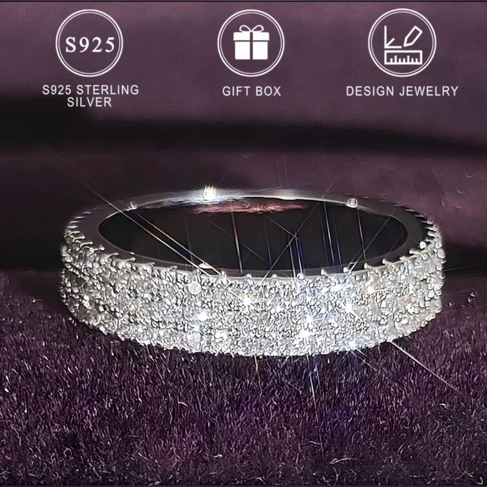 New 925 Sterling Silver Band Ring Paved Full Of Shining Zirconia